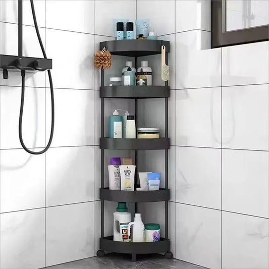 Easy Assembly Furniture for Home, 1 Piece Triangular Floor Standing Storage Rack with Universal Wheel, Multi Layer Shower Corner Shelf, Home Organizer for Bathroom Kitchen Bedroom