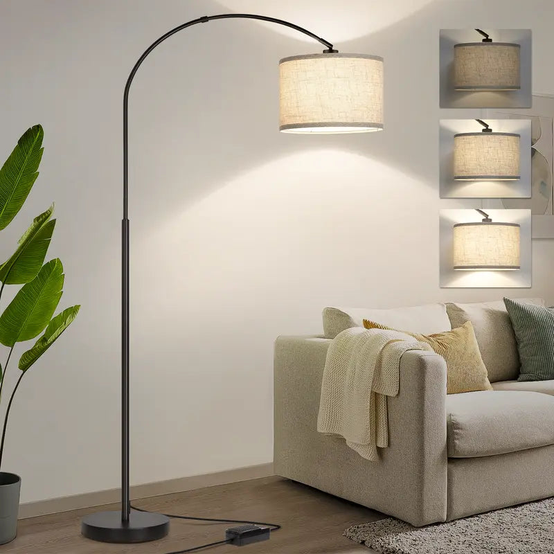 Dimmable Floor Lamp, Arc Floor Lamp with Dimmer, Black Standing Lamp with Adjustable Hanging Shade, over Couch Tall Reading Light, Modern Pole Lamp for Living Room Bedroom, 9W LED Bulb Included