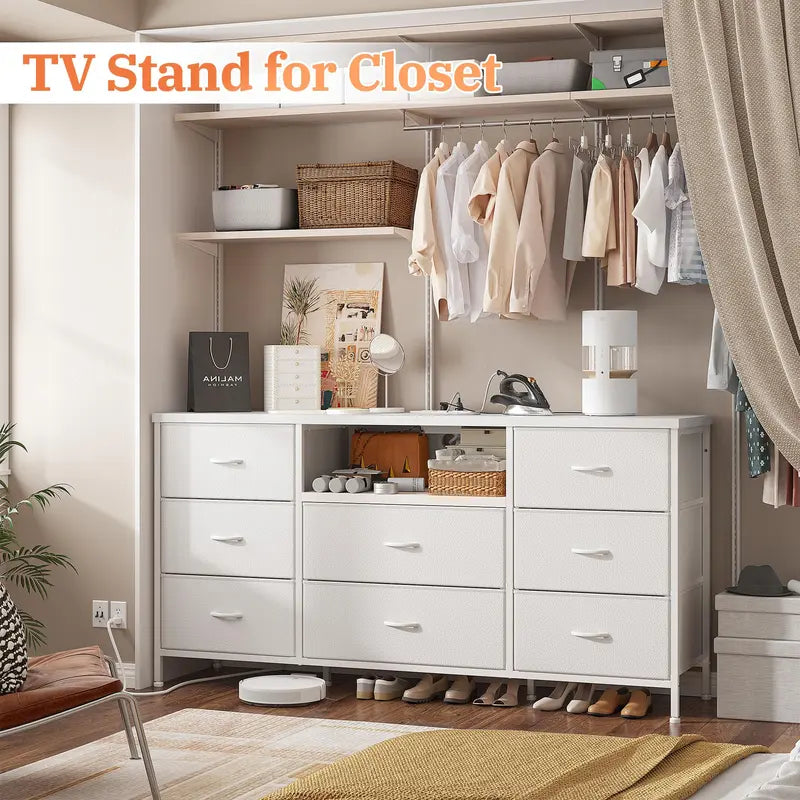 【Deals for You Days】Raybeefurniture TV Stand with Power Outlet Entertainment Center with 8 Fabric Deep Drawers Media Console Table for 55" TV Wide Storage Drawer Dresser for Bedroom, Living Room, Entryway