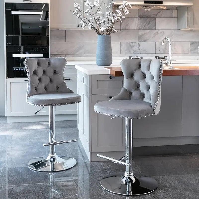 Swivel Velvet Barstools Adjustable Seat Height, Modern Upholstered Chrome Base Bar Stools with Backs Comfortable Tufted for Home Pub and Kitchen Island (Gray, Set of 2) - Stylish and Versatile Seating Solution for Any Space