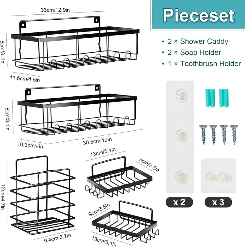 5 Pack, Self Adhesive Shower Shelves Organizer, Drill-Free Rustproof Bathroom Organizer Shower, Shower Shelf for inside Shower Kitchen Storage Black