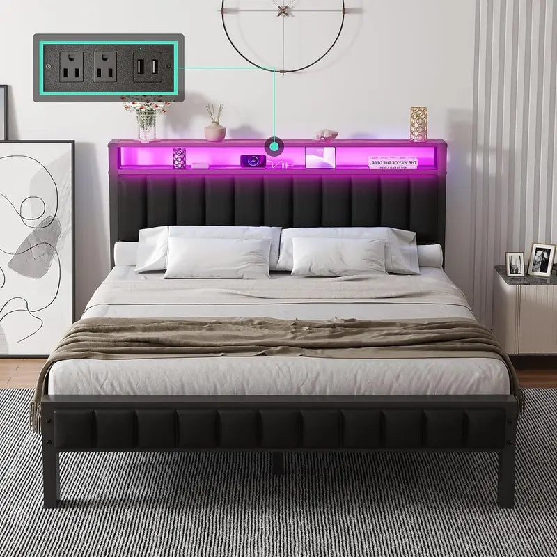 AMERLIFE Platform Bed Frame with LED Light, PU Headboard, Charging Station and 2-Tier Storage Space