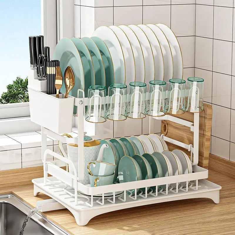 【Clearance】 Kitchen Dish Drying Rack, 1 Count 2-Tier Large Capacity Countertop Dish Drying Rack with Utensil Holder, Cutlery Rack with Drainboard, Kitchen Utensil Organizer