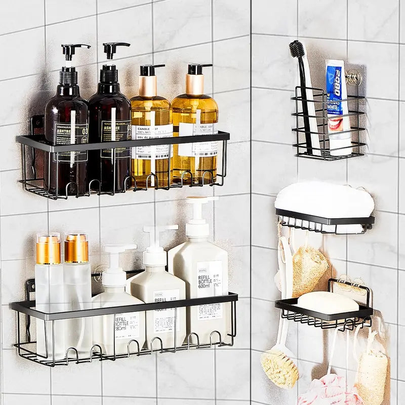 5 Pack, Self Adhesive Shower Shelves Organizer, Drill-Free Rustproof Bathroom Organizer Shower, Shower Shelf for inside Shower Kitchen Storage Black