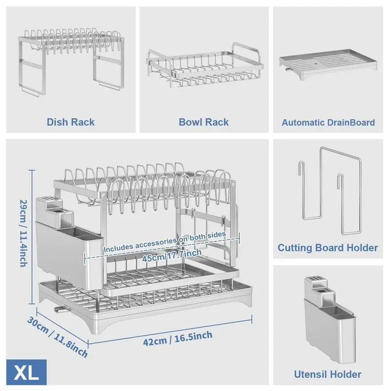 【Clearance】 Kitchen Dish Drying Rack, 1 Count 2-Tier Large Capacity Countertop Dish Drying Rack with Utensil Holder, Cutlery Rack with Drainboard, Kitchen Utensil Organizer