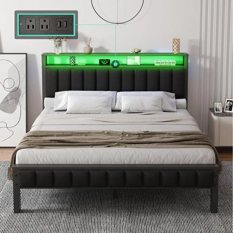 AMERLIFE Platform Bed Frame with LED Light, PU Headboard, Charging Station and 2-Tier Storage Space