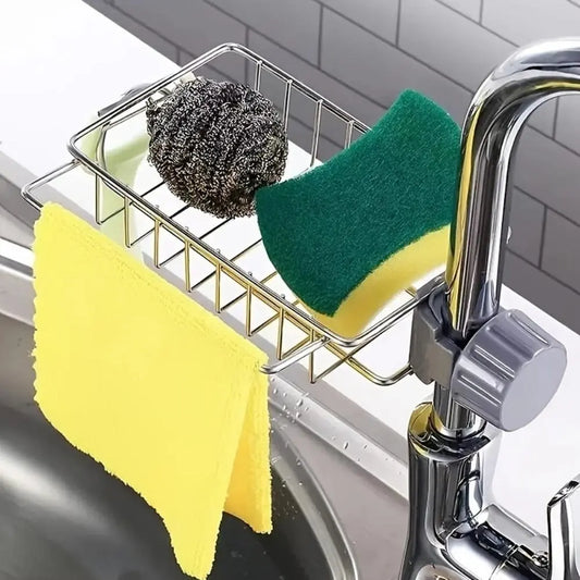 Kitchen Faucet Drain Storage Rack (1 Piece), Stainless Steel Faucet Storage Basket, Faucet Dish Sponge Holder, Kitchen Gadgets