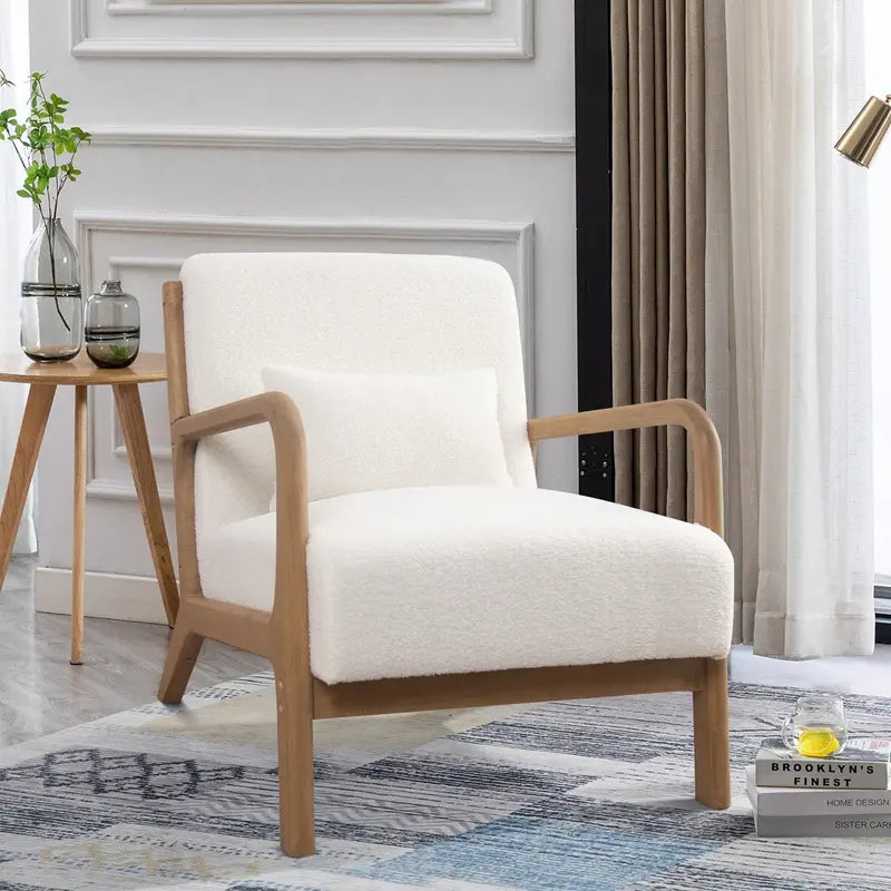 [Summer Break Sale] Mid Century Modern Accent Chair, Comfy Fabric Living Room Chairs with Solid Wood Frame, Lounge Reading Armchair, Easy Assembly, Beige