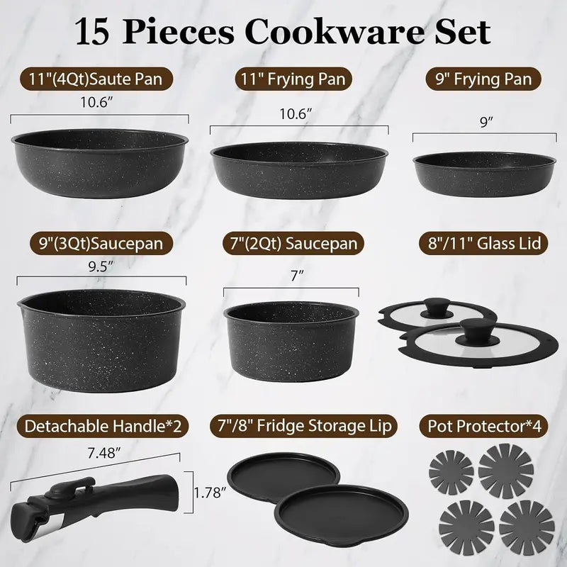 SODAY 15Pcs Pots and Pans Set, Nonstick Kitchen Cookware Set with Removable Handle, Healthy Non Stick RV Cookware Set Detachable Handle,Oven Safe & PFOA Free (Black)