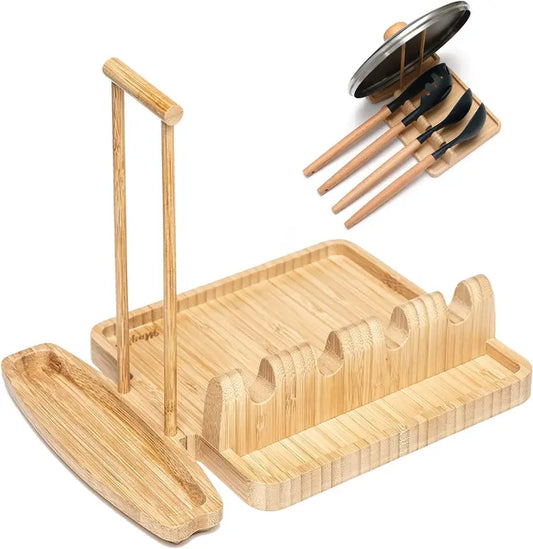 Wooden Bamboo Utensil & Spoon Rest with Pot Lid Holder for Kitchen and Home