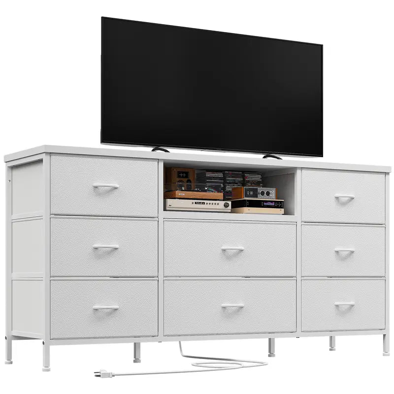 【Deals for You Days】Raybeefurniture TV Stand with Power Outlet Entertainment Center with 8 Fabric Deep Drawers Media Console Table for 55" TV Wide Storage Drawer Dresser for Bedroom, Living Room, Entryway