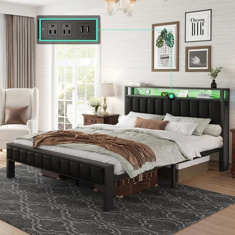 AMERLIFE Platform Bed Frame with LED Light, PU Headboard, Charging Station and 2-Tier Storage Space