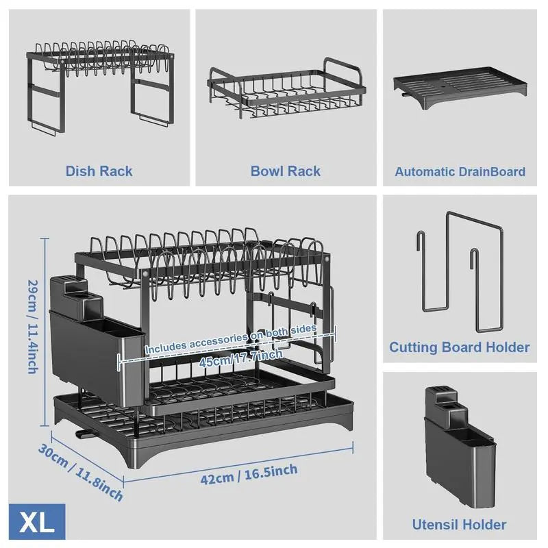 【Clearance】 Kitchen Dish Drying Rack, 1 Count 2-Tier Large Capacity Countertop Dish Drying Rack with Utensil Holder, Cutlery Rack with Drainboard, Kitchen Utensil Organizer