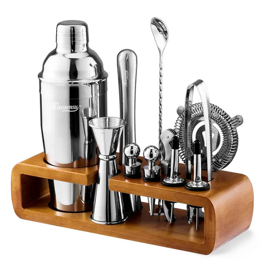 Kitessensu Mixology 11-Piece Bar Kit with Stand | Complete Shaker Set Barware Set for Inspired Drink Mixing Experience | Bartender Accessories for Home Bar Tools Set with Recipes Booklet