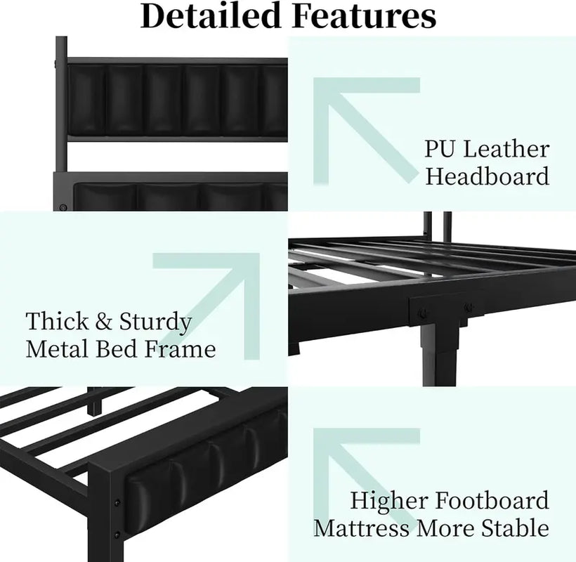 AMERLIFE Platform Bed Frame with LED Light, PU Headboard, Charging Station and 2-Tier Storage Space