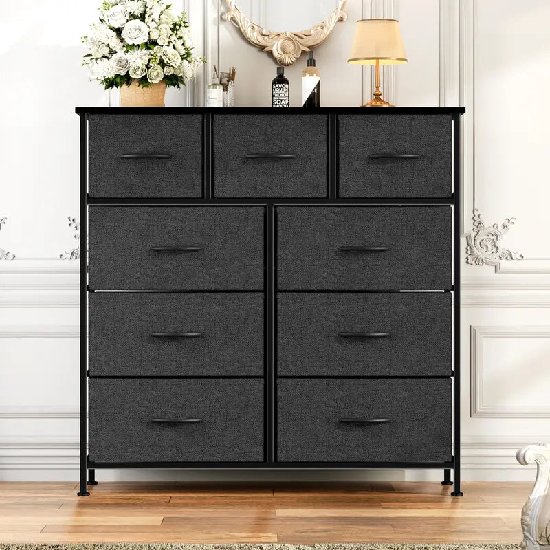 Sweetcrispy plus Furniture Indoor Furniture Cupboards Cabinets Dresser - Fabric Storage Tower with 9 Drawers, Bedroom Drawer Dresser Organizer, Chest of Drawers with Fabric Bins, Steel Frame and Wood Top for Bedroom, Closet, Entryway