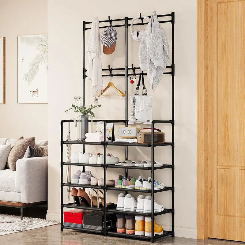 5-Tier Coat and Shoe Rack, Entryway Coat Rack with 8 Hooks Hanging Organiser Hanging Organiser Hangable Hangable