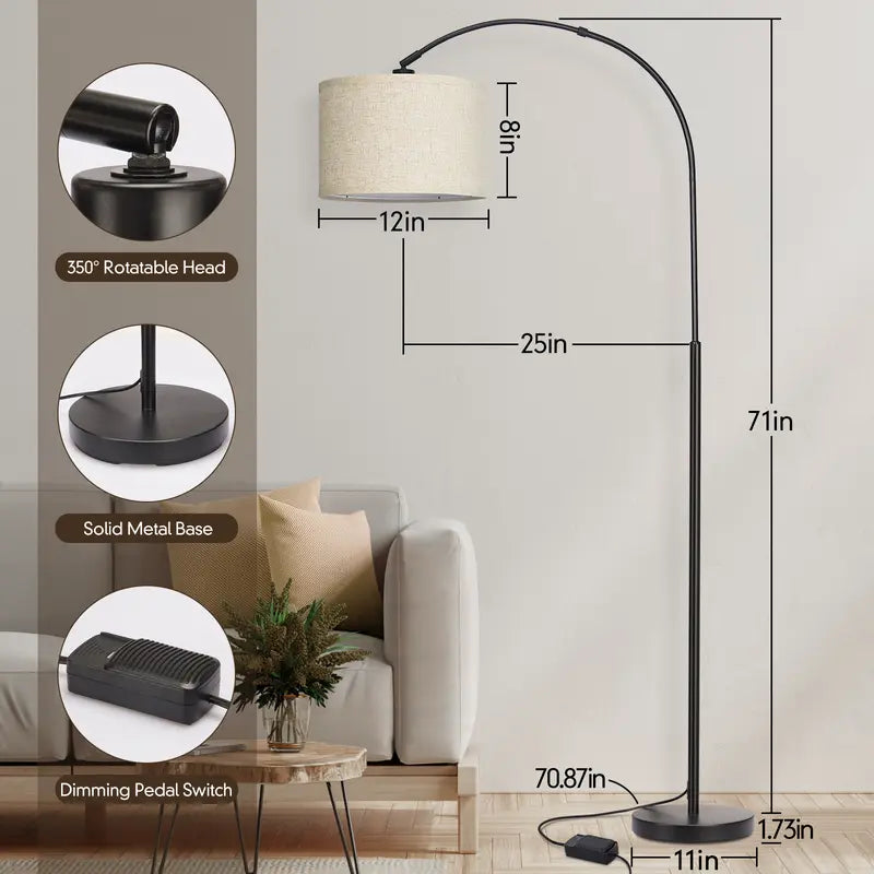 Dimmable Floor Lamp, Arc Floor Lamp with Dimmer, Black Standing Lamp with Adjustable Hanging Shade, over Couch Tall Reading Light, Modern Pole Lamp for Living Room Bedroom, 9W LED Bulb Included