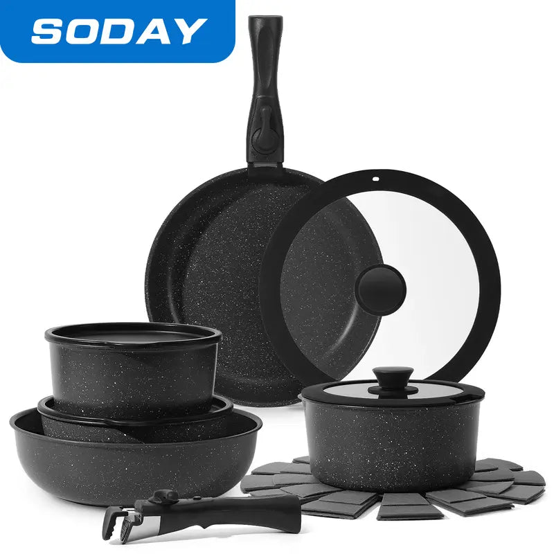 SODAY 15Pcs Pots and Pans Set, Nonstick Kitchen Cookware Set with Removable Handle, Healthy Non Stick RV Cookware Set Detachable Handle,Oven Safe & PFOA Free (Black)