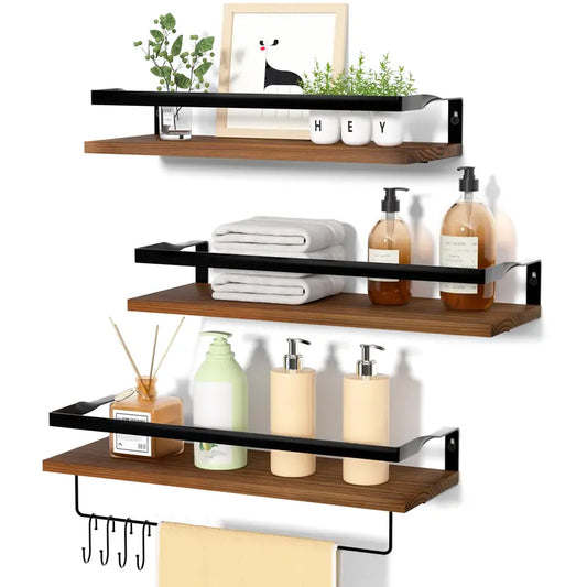 Upsimples Bathroom Shelves with Storage Basket, Wall Shelves over Toilet with Towel Bar and Paper Holder, Farmhouse Wood Floating Shelf for Bedroom, Living Room, Kitchen, Office, Dark Brown Set of 3-4 Organizer