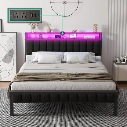 AMERLIFE Platform Bed Frame with LED Light, PU Headboard, Charging Station and 2-Tier Storage Space