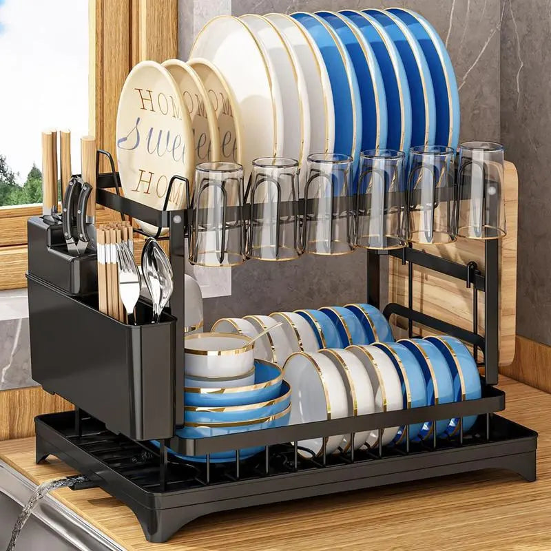 【Clearance】 Kitchen Dish Drying Rack, 1 Count 2-Tier Large Capacity Countertop Dish Drying Rack with Utensil Holder, Cutlery Rack with Drainboard, Kitchen Utensil Organizer