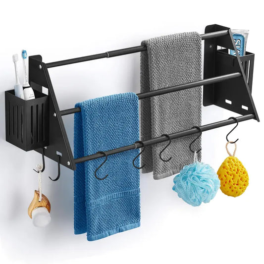 Bathroom Towel Rack,Black Towel Bar Wall Mounted Towel Holder with Hook,Towel Hanger for Bathroom, Kitchen