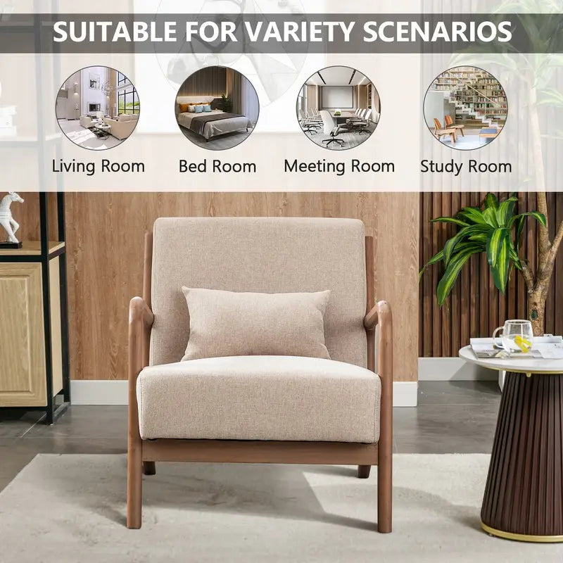 [Summer Break Sale] Mid Century Modern Accent Chair, Comfy Fabric Living Room Chairs with Solid Wood Frame, Lounge Reading Armchair, Easy Assembly, Beige