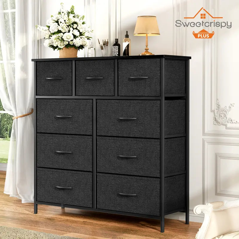 Sweetcrispy plus Furniture Indoor Furniture Cupboards Cabinets Dresser - Fabric Storage Tower with 9 Drawers, Bedroom Drawer Dresser Organizer, Chest of Drawers with Fabric Bins, Steel Frame and Wood Top for Bedroom, Closet, Entryway