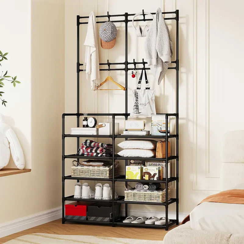 5-Tier Coat and Shoe Rack, Entryway Coat Rack with 8 Hooks Hanging Organiser Hanging Organiser Hangable Hangable