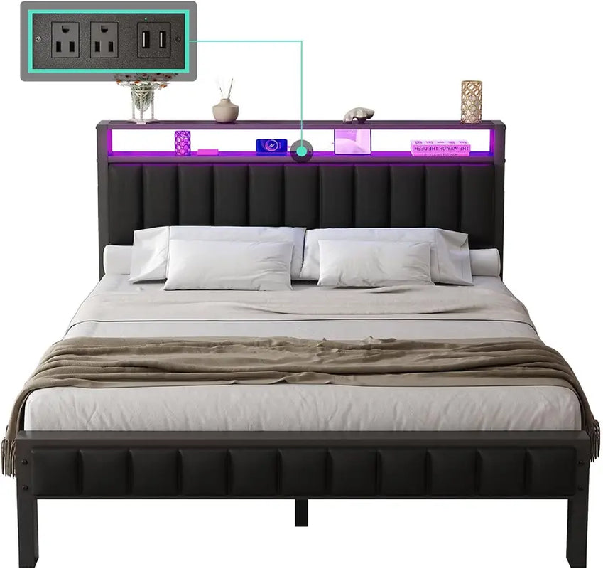 AMERLIFE Platform Bed Frame with LED Light, PU Headboard, Charging Station and 2-Tier Storage Space