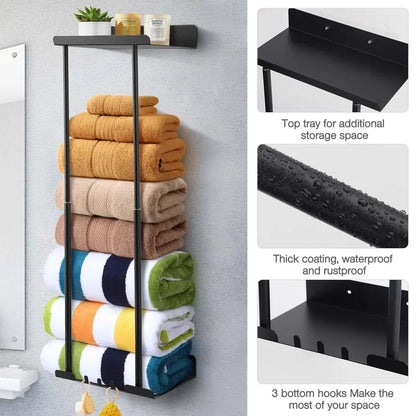 Bathroom Towel Rack,Black Towel Bar Wall Mounted Towel Holder with Hook,Towel Hanger for Bathroom, Kitchen