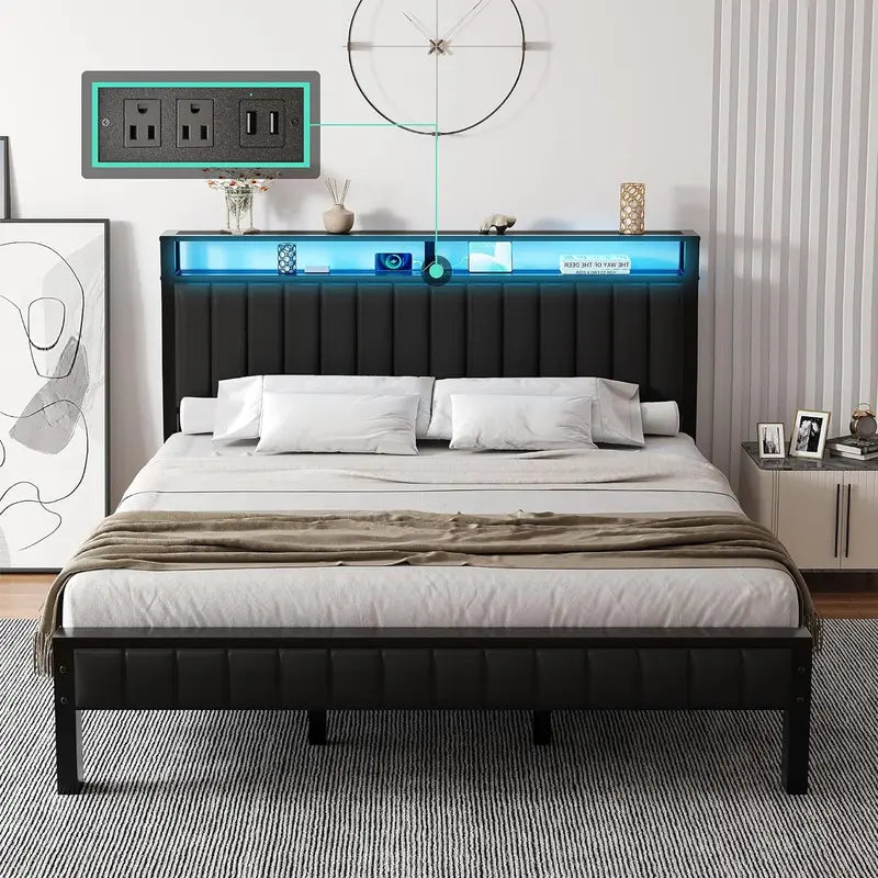 AMERLIFE Platform Bed Frame with LED Light, PU Headboard, Charging Station and 2-Tier Storage Space