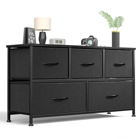 Sweetcrispy plus Furniture Indoor Furniture Cupboards Cabinets Dresser - Fabric Storage Tower with 5 Drawers, Bedroom Drawer Dresser Organizer, Chest of Drawers with Fabric Bins, Steel Frame and Wood Top for Bedroom, Closet, Entryway