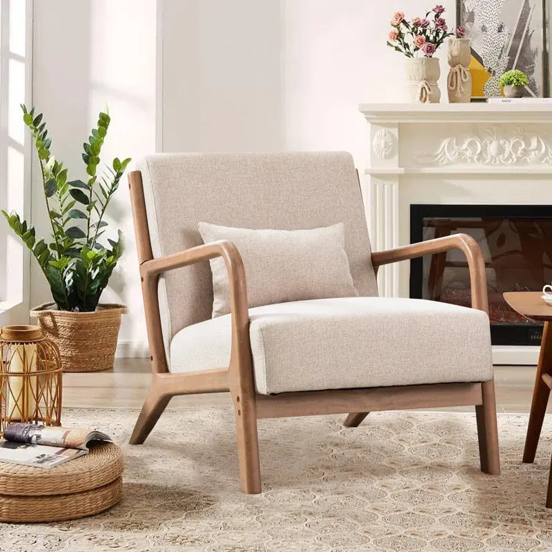 [Summer Break Sale] Mid Century Modern Accent Chair, Comfy Fabric Living Room Chairs with Solid Wood Frame, Lounge Reading Armchair, Easy Assembly, Beige