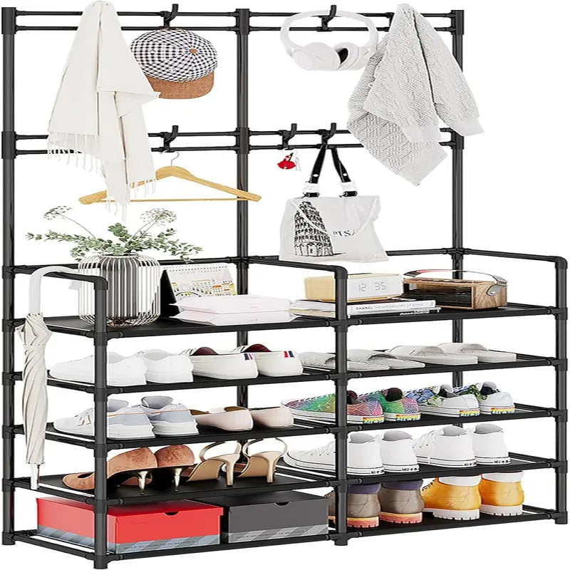 5-Tier Coat and Shoe Rack, Entryway Coat Rack with 8 Hooks Hanging Organiser Hanging Organiser Hangable Hangable