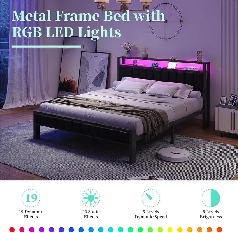 AMERLIFE Platform Bed Frame with LED Light, PU Headboard, Charging Station and 2-Tier Storage Space