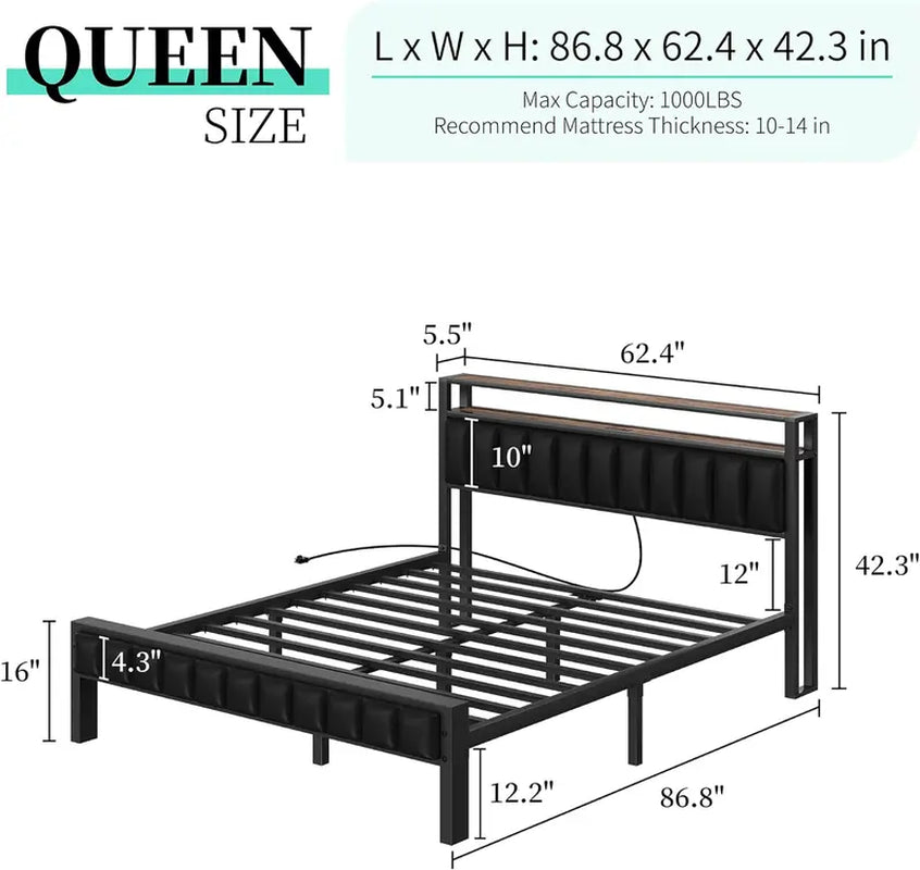 AMERLIFE Platform Bed Frame with LED Light, PU Headboard, Charging Station and 2-Tier Storage Space